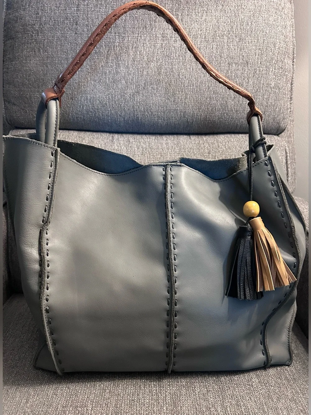 The Sak Los Feliz Large Tote Bag in Dusty Blue with Tassel Accent
